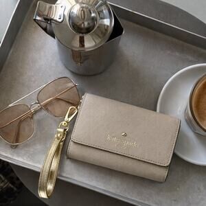 Kate Spade Y2K Taupe Saffiano Leather Wristlet Wallet w/ Mirror & Gold Hardware